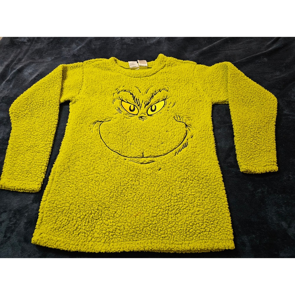 Dr. Seuss The Grinch embroidered face green sherpa pullover top sz small soft